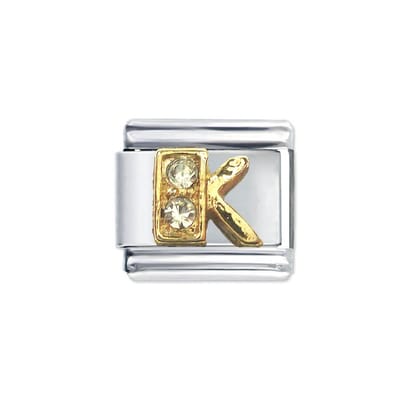 Schakel Bedel - Letter K - met strass - 9mm- Schakel voor Italiaanse Bedelarmband - Plated
