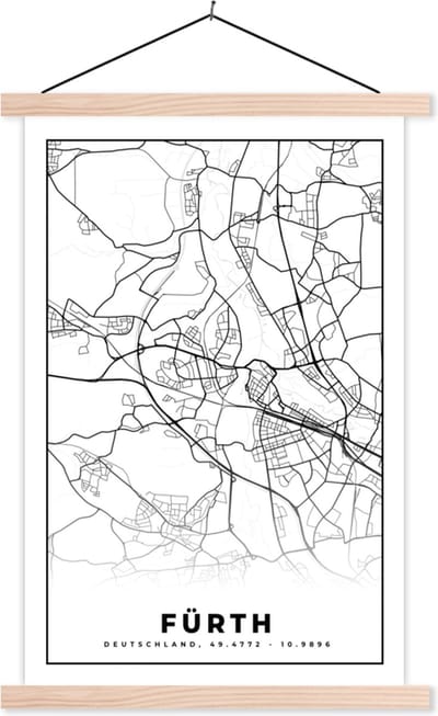 Posterhanger incl. Poster 40x60 cm - Schoolplaat - Fürth - Kaart - Plattegrond - Stadskaart - Textielposter - Blanke latten - Stadskaart