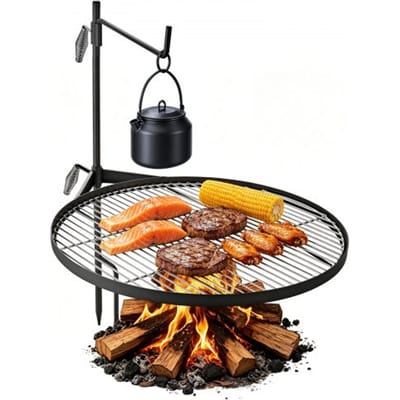 VEVOR Draaibare Kampvuurgrill met Grillrooster, 62 cm, Koolstofstaal, In hoogte verstelbare draaibare grill met grillstandaard, Draaibare Buitengrill voor Open Vuur, Camping en Tuin, Zwart