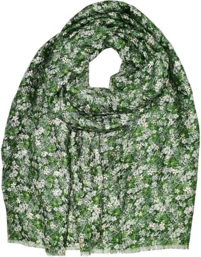Lange dames sjaal Joanca gebloemd motief groen wit goud mint grijs hulst donker evergreen