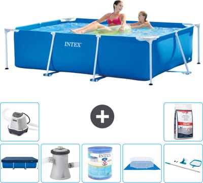 Intex Rechthoekig Frame Zwembad - 220 x 150 x 60 cm - Blauw - Inclusief Afdekzeil - Zwembadfilterpomp - Filter - Grondzeil - Schoonmaakset - Zoutwatersysteem - Zwembadzout - 8-delig