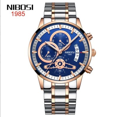 NIBOSI Horloge 2309 - Zilverkleurig-Bronskleurig-Blauw – Heren - Quartz - Chronograaf - Stalen Band - Luxe en Stijlvol