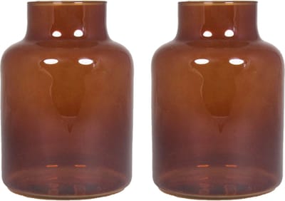 Floran Bloemenvaas Milan - 2x - transparant bruin glas - D15 x H20 cm - melkbus vaas met smalle hals