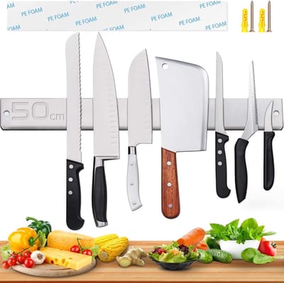 Famanu - Magnetische messenhouder van hout 40 cm, zelfklevend, met haken, stijlvolle organizer voor keukenmessen en keukengerei