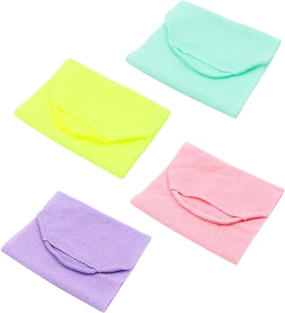 Exfoliërende rugscrubber - 4 stuks met handgrepen - nylon rug diepe exfoliërende rugwasmachine (roze + paars + blauw + geel)