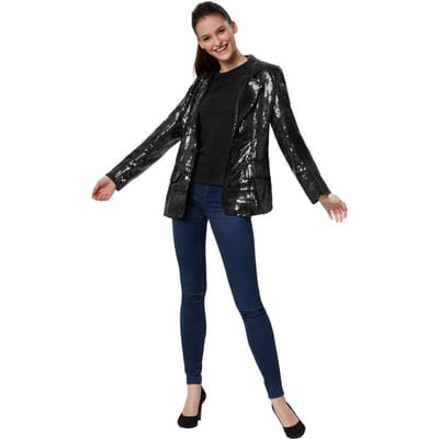 dressforfun - Paillettenjas dames zwart L - verkleedkleding kostuum halloween verkleden feestkleding carnavalskleding carnaval feestkledij partykleding - 303858