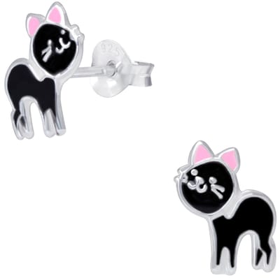 Joy|S - Zilveren kat poes oorbellen - 7 x 9 mm - zwart