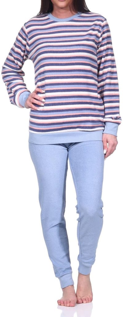 Dames badstof pyjama lang, pyjama met boorden in een geweldige gestreepte look