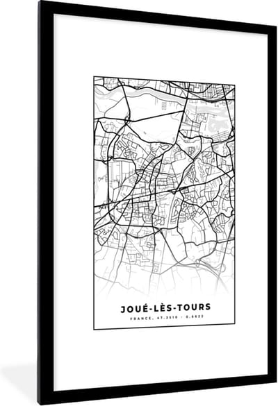 Fotolijst incl. Poster Zwart Wit- Frankrijk - Kaart - Plattegrond - Joué-lès-Tours - Stadskaart - Zwart wit - 80x120 cm - Posterlijst