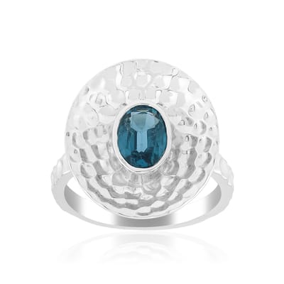 Cavill - Zilveren Ring - 925 Sterling Zilver Platina Geplateerd - Petrol Kyaniet 0,842 ct Ovaal - Moderne Gehamerde Ring - Dames Sieraad