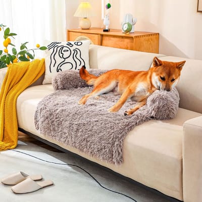 KZQ Luxe Hondendeken Hondenkussen Bankbeschermer voor Bank Bed en Auto, Verwijderbare Fluffy Plush Hoes met Memory Foam, Wasbaar in de Wasmachine, Waterdicht en Comfortabel, Kalmerend Huisdier Mat (90x90x20cm) Khaki