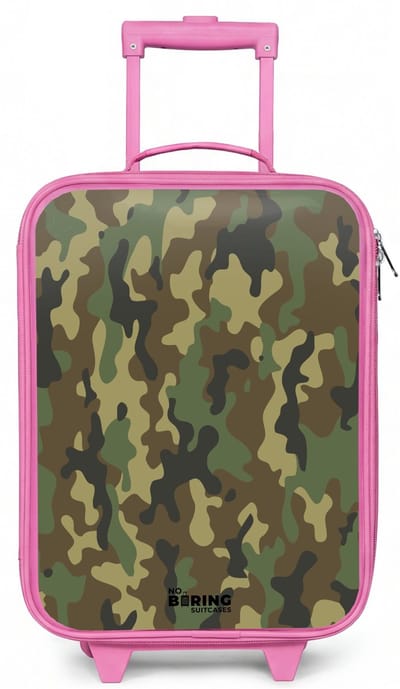 NoBoringSuitcases.com® - Kinderkoffer roze - Kindertrolley meisje - Groene camouflage met zandkleur - Koffer kind lichtgewicht - Reiskoffer trolley voor kinderen - Koffertje met lichtgevende wieltjes - Rolkoffer