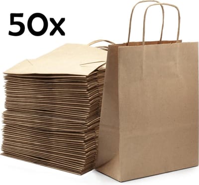 Kraft Papieren Tasjes Met Handvat – 50 Stuks – 18 x 8 x 24 cm – Bruin – Papieren Zakjes – Cadeautasjes