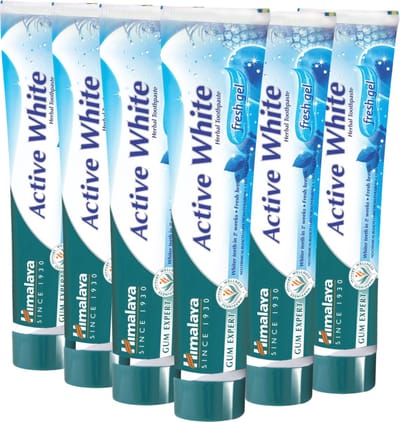 Himalaya Herbals Active White Tandpasta Fresh Gel - 6 x 75 ml - Vegan Toothpaste - Tandpasta Zonder Fluoride en Parabenen - Tandpasta Voordeelverpakking