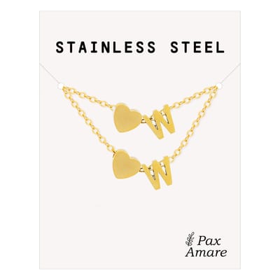 Initiaal Ketting & Armband set met Letter W Goudkleurig - Stainless Steel - Met letter & Hartje! - Naam Ketting Cadeau - Sieraden Set op Kaartje - Pax Amare