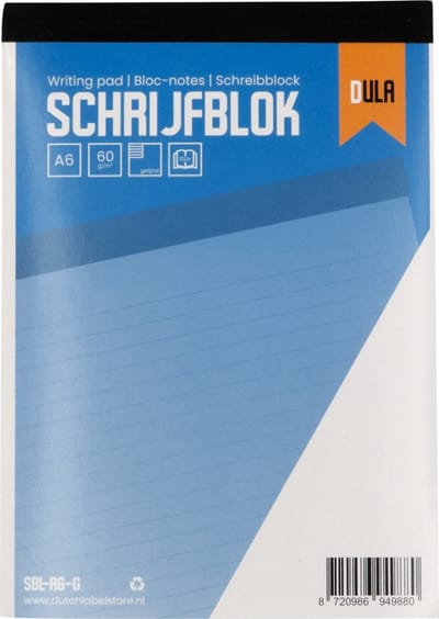 Schrijfblok A6 formaat met lijn 100 vel - Notitieblok gelinieerd - 60 grams papier - DULA
