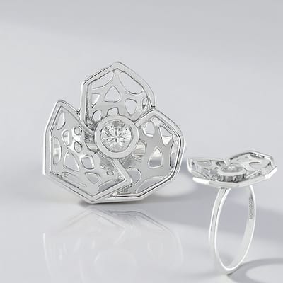 Cavill - Zilveren Ring 925 Sterling Zilver Geplatineerd - 0,425 CT Cambodjaanse Zirkoon Ronde Briljant - Elegant Bloemdesign Comfortabel