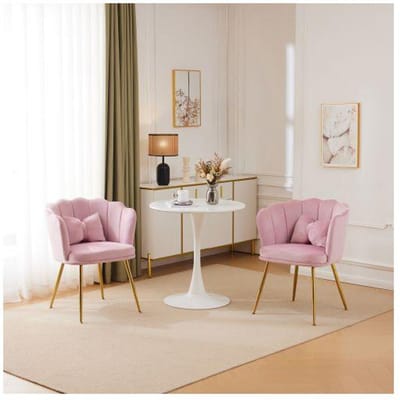Chaise - MUVOE - Forme de pétale - Velours rose - Dossier capitonné cannelé - Pieds métal doré