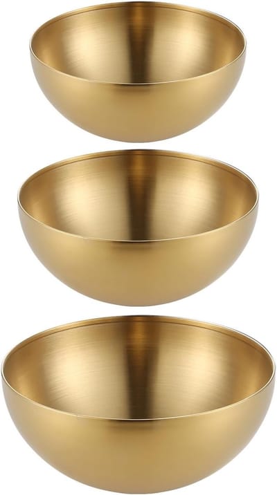 Gouden Rijstkom van RVS voor Salades, Pasta, Soepen en Fruit - Set van 3 Stuks in 15 cm, 20 cm en 25 cm