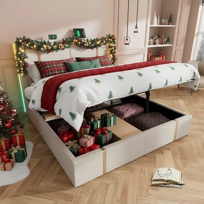 STILVORA Gestoffeerd Bed Tweepersoonsbedden - 180x200 cm - Boxspringbed Met Opbergruimte - LED Tweepersoonsbed Met APP Bedienbaar - USB Type C Oplaadfunctie - Linnenmateriaal - Beige