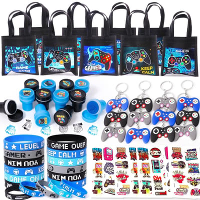 Dailygoods- Feestcadeautjeset 60 Stuks - Videospellen Thema - Geschenktas/Sleutelhanger - Siliconen Polsbandjes - Gamingstempels/Tattoo-Stickers - Voor Kinderverjaardag - Gamingfeestjes