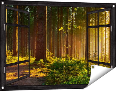 Gards Tuinposter Doorkijk Bos met Zon tussen de Bomen - 90x60 cm - Tuindoek - Tuindecoratie - Wanddecoratie buiten - Tuinschilderij