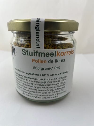 Honingland : - 500 gram pot - met Stuifmeelkorrels, Pollen de fleurs, Bijenpollen, Stuifmeelpollen. 395 gram inhoud