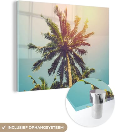 MuchoWow® Glasschilderij 40x30 cm - Schilderij acrylglas - Palmboom - Zomer - Tropisch - Zon - Foto op glas - Schilderijen