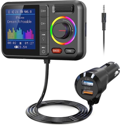 Bluetooth FM-zender voor auto, BT5.0 met groot kleurendisplay, compatibel met handsfree bellen, Sir&Google, Bass&tre Booster, TF-kaart/AUX