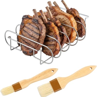 Ribframe voor barbecueën, roestvrijstalen ribbrander met 2 borstels, ideaal voor spare-ribs en roken op gas- of houtskoolgrill