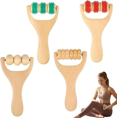 Ergonomische massageroller van hout met handvat - 4 stuks voor rug, benen en armen, ideaal voor ontspanning, doorbloeding en cellulitisbehandeling