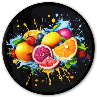 Poster in lijst Rond - Fotolijst 40x40 cm - Posters - Fruit - Graffiti - Kleurrijk - Sinaasappel - Aardbei - Abstract - Ronde posterlijst zwart - Decoratie - Wanddecoratie woonkamer - Muurdecoratie slaapkamer