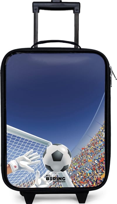 NoBoringSuitcases.com® - Kinderkoffer jongen - Kindertrolley meisje - Keeper die een voetbal tegenhoud - Koffer kind lichtgewicht - Reiskoffer trolley voor kinderen - Koffertje met lichtgevende wieltjes - Rolkoffer zwart