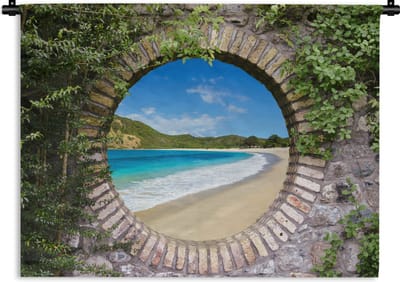 Wandkleed - Wanddoek - Strand - Zee - Doorkijk - 120x90 cm - Wandtapijt