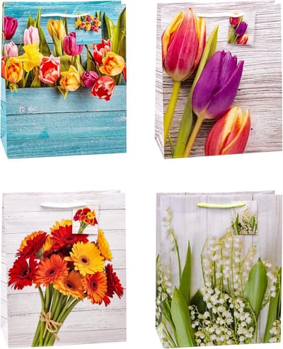 SnelShoppen - Grote Lente Cadeauzakken 12 Stuks, 32x26x13.5 cm, Water- en Scheurvast, Matte PP Film, Feest, Verjaardag, Kerst, 4 Ontwerpen