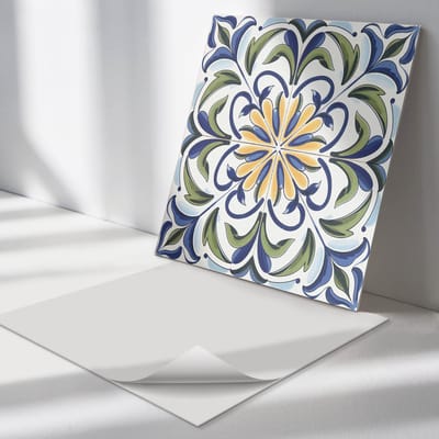 Wallfluent Vinyl Tegels - Plantenpatroon met Bloemen Vinyl Vloer Tegels - 30 cm x 30 cm - Blauw PVC Tegels - Verpakking van 9 stuks - Vierkant PVC Tegels - Bloemen en Planten Plaktegels - Zelfklevende Vinyl Tegels - Plaktegels Keuken en Badkamer