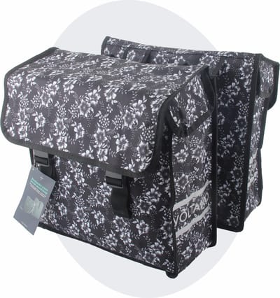Voltano Dubbele Fietstas Floral Elegance - Zwart Met Witte Bloemen - 38 Liter - 100% Waterdicht Polyester - Vrolijke Fietstassen