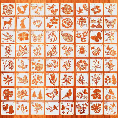 64 Stuks Herbruikbare Bloem- en Dier Sjablonen voor Schilderen, 7.5 x 7.5 cm, Creatieve DIY Kunstprojecten voor Kinderen en Volwassenen