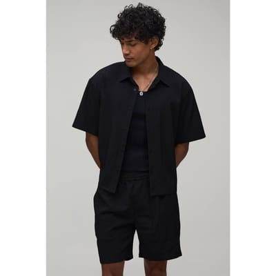 Gestreept Seersucker Oversized Boxy Shirt & Relaxed Short Set | Black | Size Medium