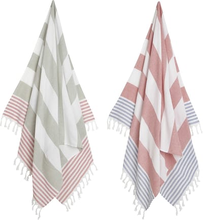 2x Hamamdoek XL – Combi - Grijs/Rood/Blauw - Strandlaken – Katoen - Sauna – Wellness – Zwembad – Omslagdoek – Badlaken – Badhanddoek – Yoga – Stripe – 100 x 180 cm