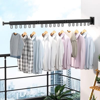 Wandwasdroger uittrekbaar 120 cm - 3 vouwen - 18 haken en handdoekhouder - inklapbaar - voor balkon bijkeuken badkamer slaapkamer folding wall laundry rack