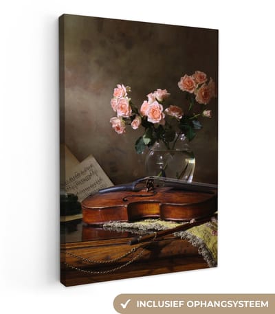 Canvas schilderij 20x30 cm - Wanddecoratie Viool - Rozen - Roze - Bloemen - Stilleven - Muurdecoratie woonkamer - Slaapkamer decoratie - Kamer accessoires - Schilderijen op canvas