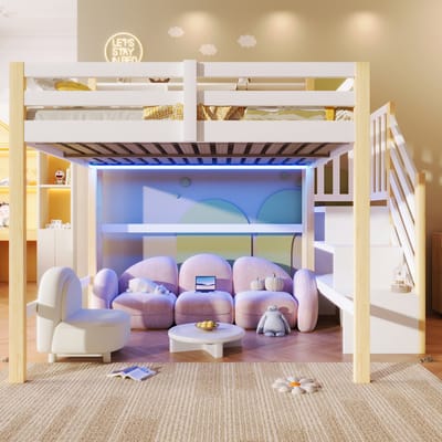 VVBV Kinderhoogslaper 140x200 cm - Opbergruimte, LED-Verlichting, Planken, Trap/Ladder - Wit/Naturel - Zonder Matras