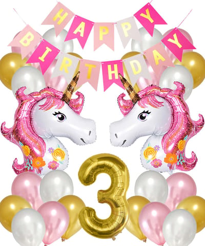 Snoes Ballonnen Set Unicorn 3 Jaar - Verjaardag Versiering Slinger - Folieballon - Helium Ballonnen