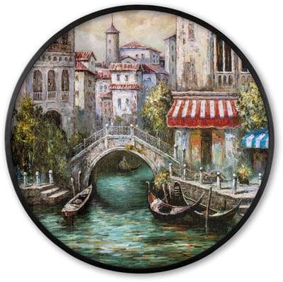 Poster in lijst Rond - Fotolijst 60x60 cm - Posters - Schilderij - Olieverf - Water - Gracht - Italië - Ronde posterlijst zwart - Decoratie - Wanddecoratie woonkamer - Muurdecoratie slaapkamer