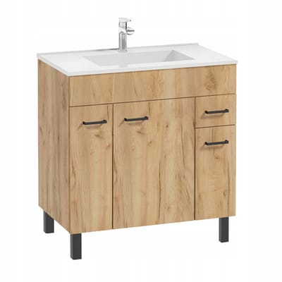 STAMAR - Eiken Craft Badmeubel met Wastafel 80x47 Staand Deur Lade - Eik