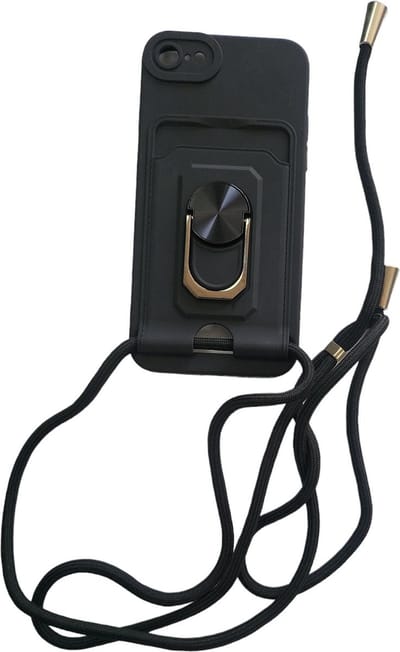 Telefoonhoesje met koord Geschikt voor: Apple iPhone 7 / 8 / SE 2020 / 2022 - Pasjeshouder - Camerabeschermer - Magnetische Ringhouder - FuturiQ - Zwart
