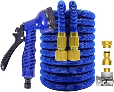 Tuinslang met dubbele metalen aansluiting, uitbreidbaar voor tuinirrigatie, boerderij, autowassen, blauw, 7,5 m