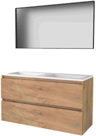 Basic-Line Framed 46 Badkamermeubelset - 120 x 46 cm - Greeploos - 2 Lades - Acryl Wastafel - Zonder Kraangat - Spiegel met Zwart Aluminium Frame - Whisky Oak