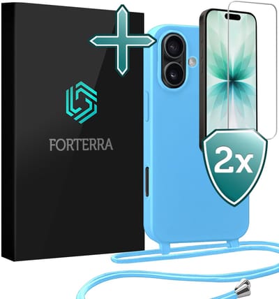 Hoesje Geschikt voor iPhone 17 Case Siliconen Hoes Met Koord Met 2x Screenprotector - Hoes Geschikt voor iPhone 17 Met Telefoonkoord Hoesje Backcover - Lichtblauw